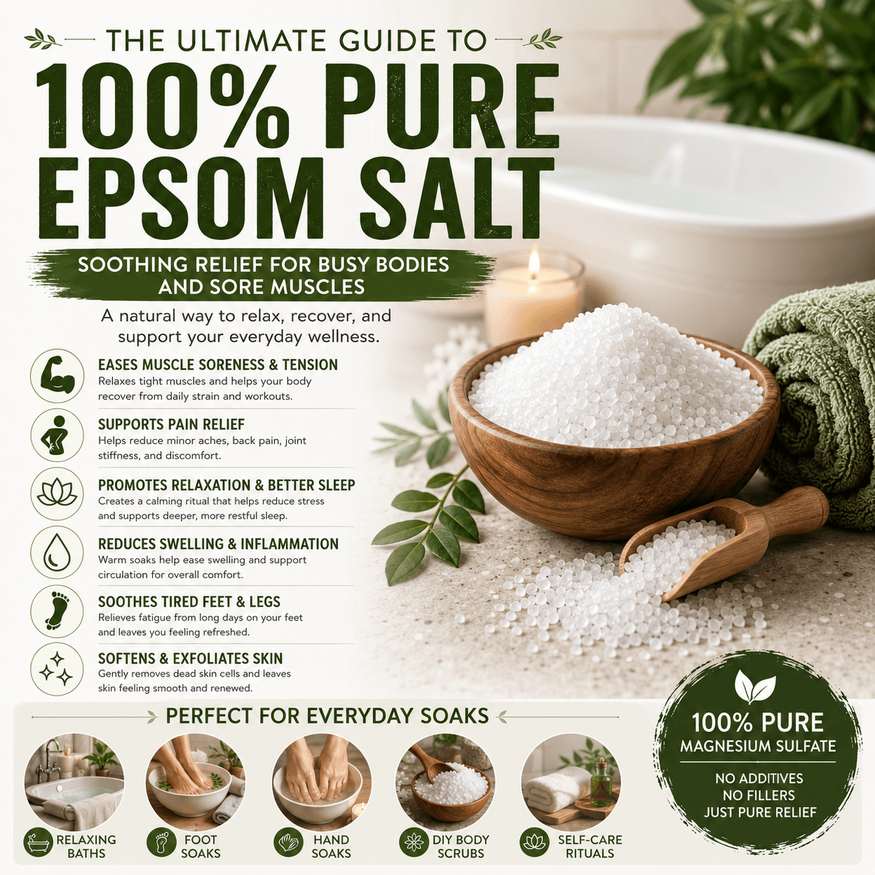 The Ultimate Guide To 100% Pure Epsom Salt. Soothing Relief For Busy Bodies & Sore Muscles.