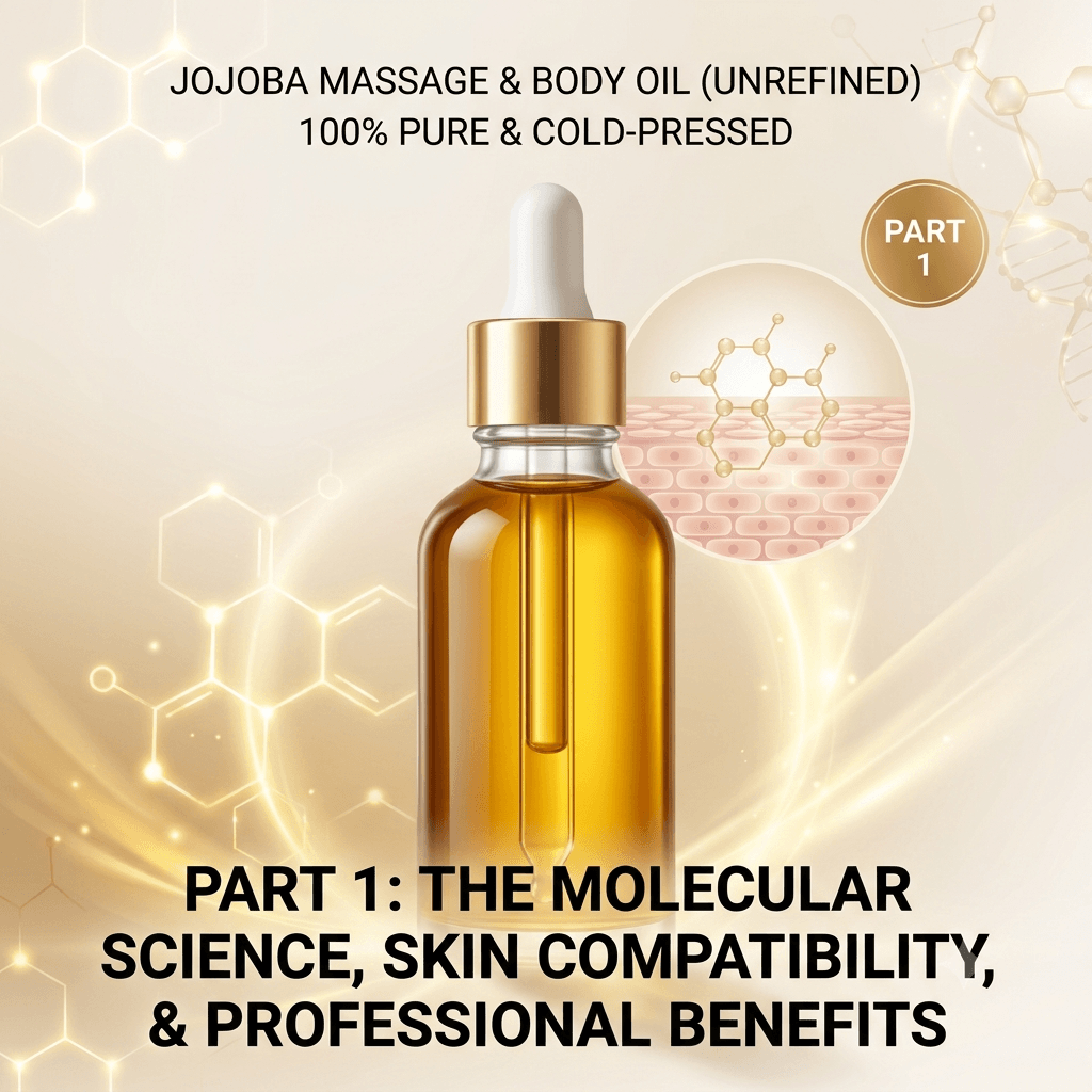 Jojoba Massage, Body, Carrier Oil. 100% Pure Unrefined Cold Pressed. The Molecular Science, Skin Compatibility & Professional Benefits Blog.