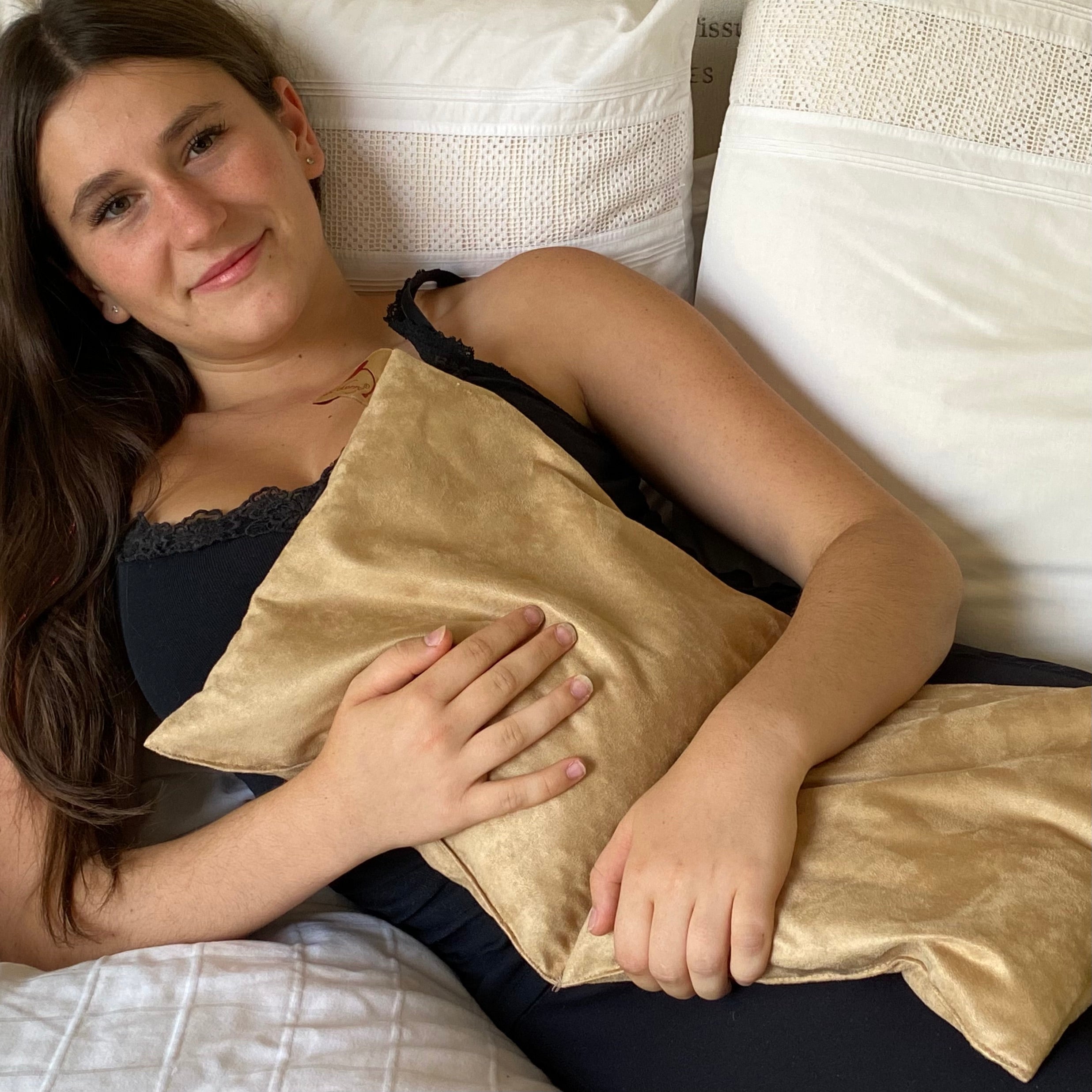 Hot Cherry Double Square Cherry Stone Pillow in Tan Ultra-Suede - Natural Hot and Cold Therapy Pack