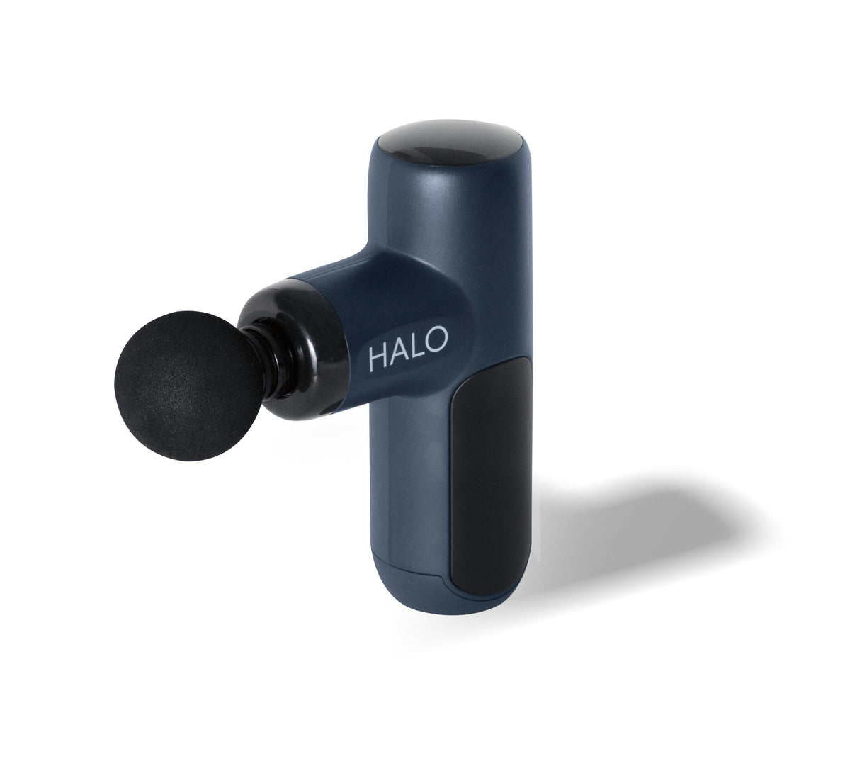 Halo Compact Percussion Massage Gun in navy blue with a round foam head attachment for deep tissue muscle therapy.