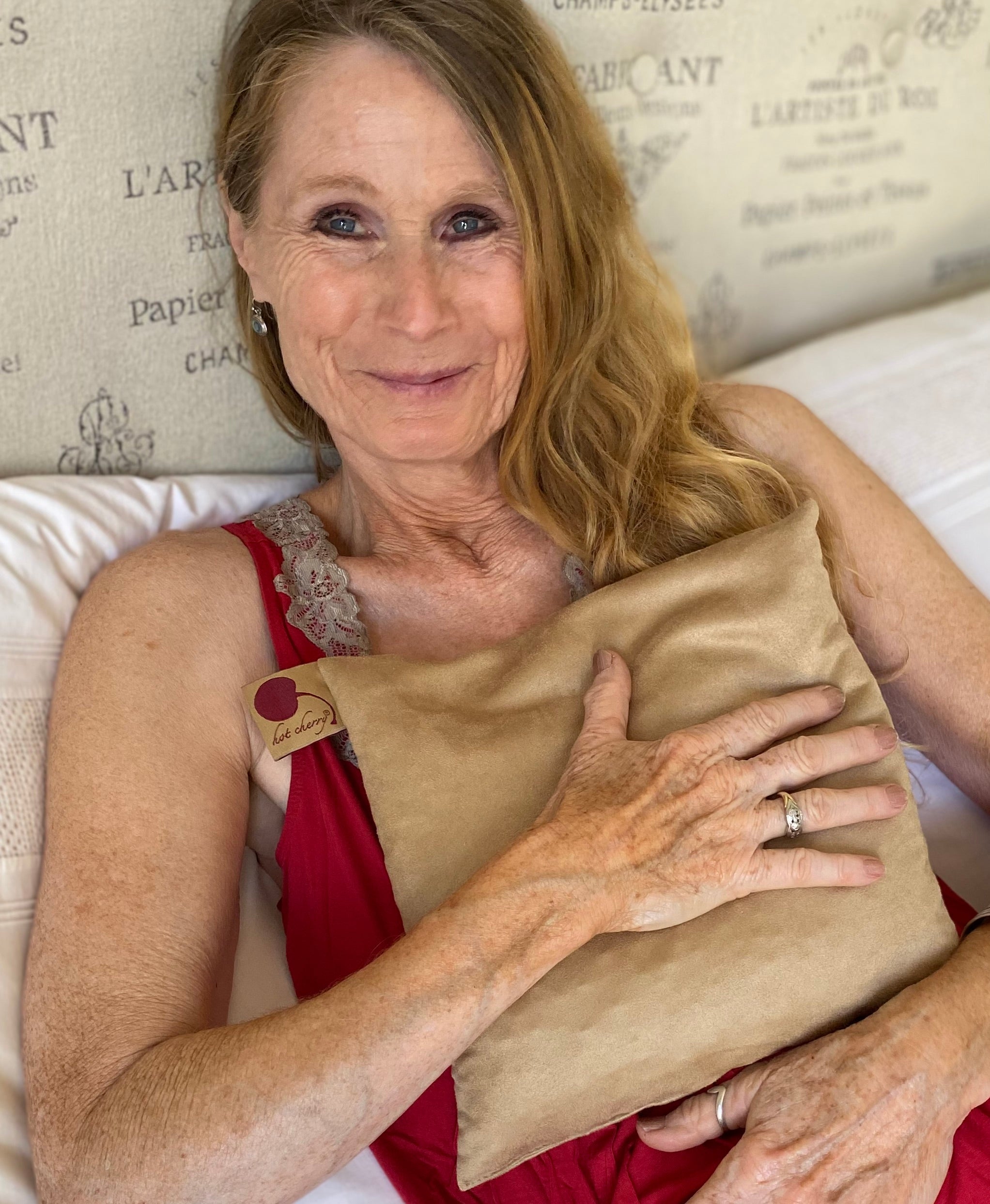 Hot Cherry Square Cherry Stone Pillow in Tan Ultra-Suede - Natural Hot and Cold Therapy Pack