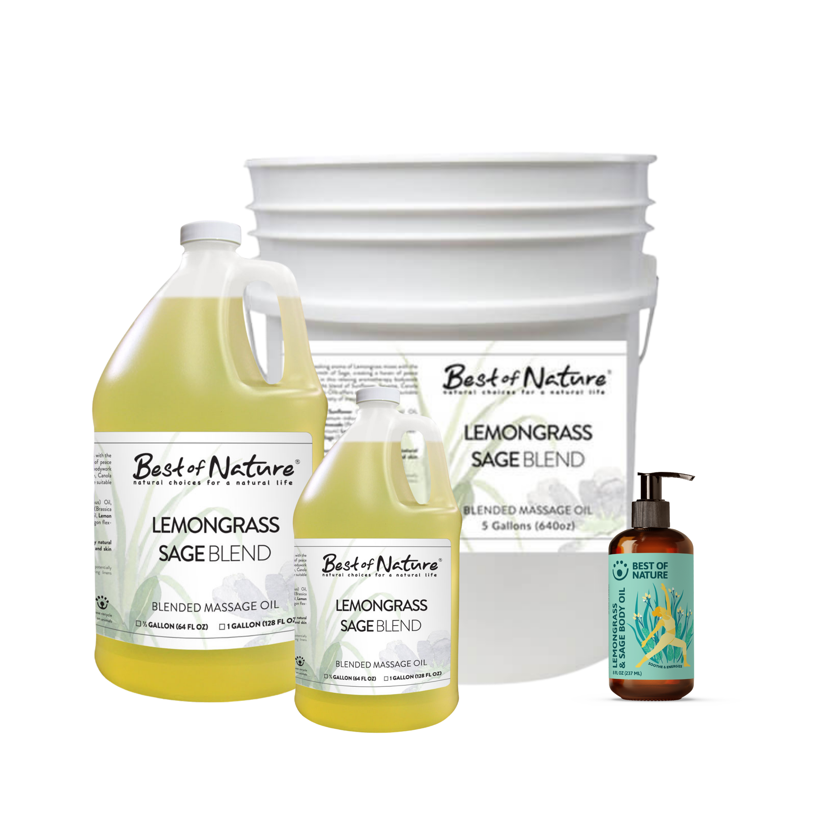 Collection of Best of Nature Lemongrass Sage Blend products including a large bottle, a smaller bottle, a bucket, and a pump bottle on a white background.