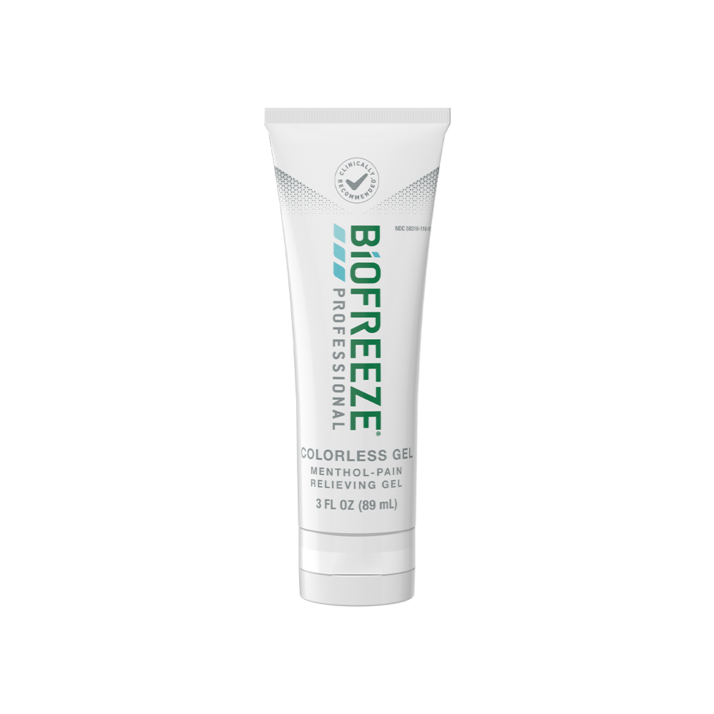 A white 3 FL OZ tube of Biofreeze Professional Colorless Gel menthol pain relieving gel standing on a clean white background.