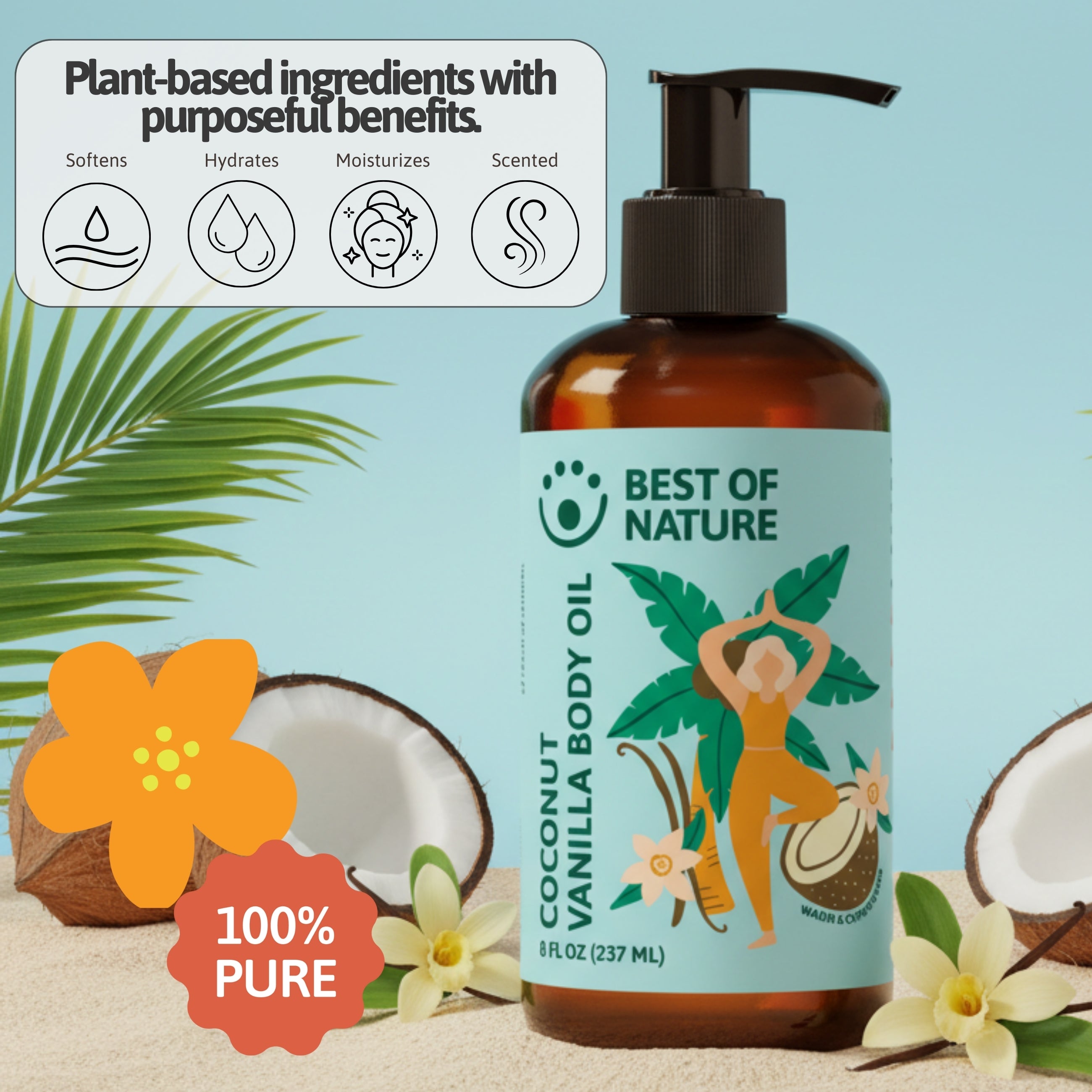 Coconut vanilla body oil bottle with 'Best of Nature' label on a beach-themed background
