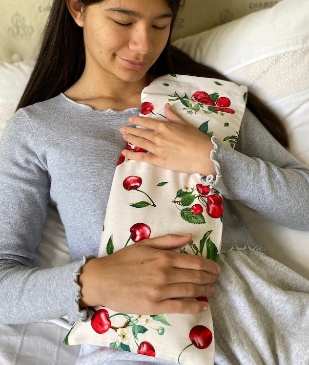 Hot Cherry Cervical Pillow in Natura Denim with Cherry Print - Natural Hot and Cold Therapy Pack