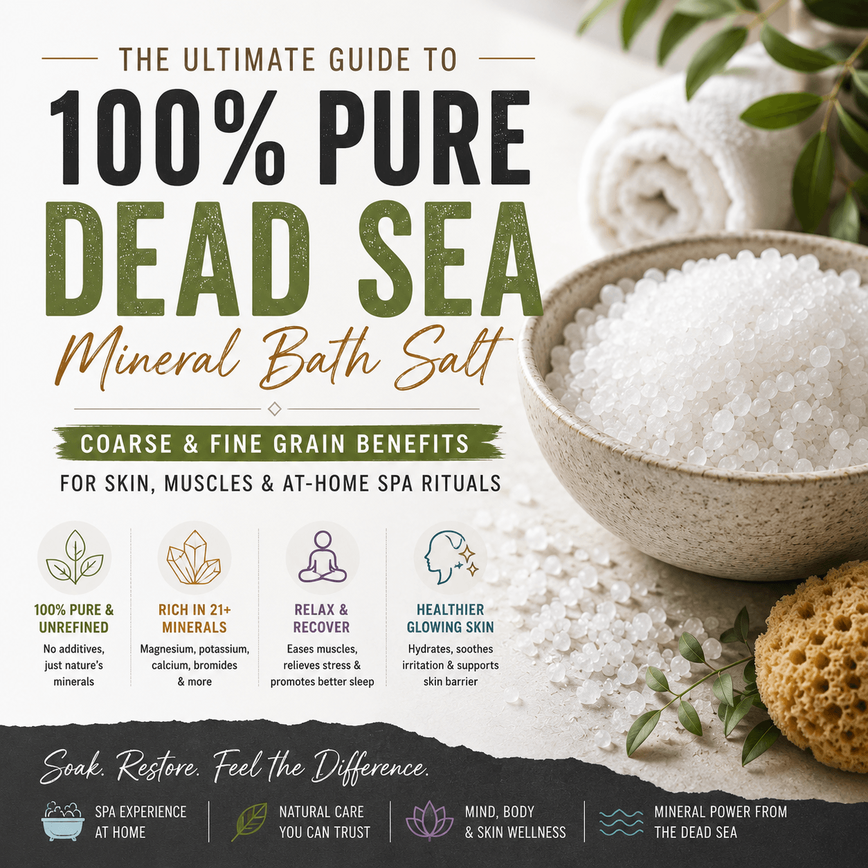 The Ultimate Guide To 100% Pure Dead Sea Mineral Bath Salt - Coarse & Fine Grain Benefits.