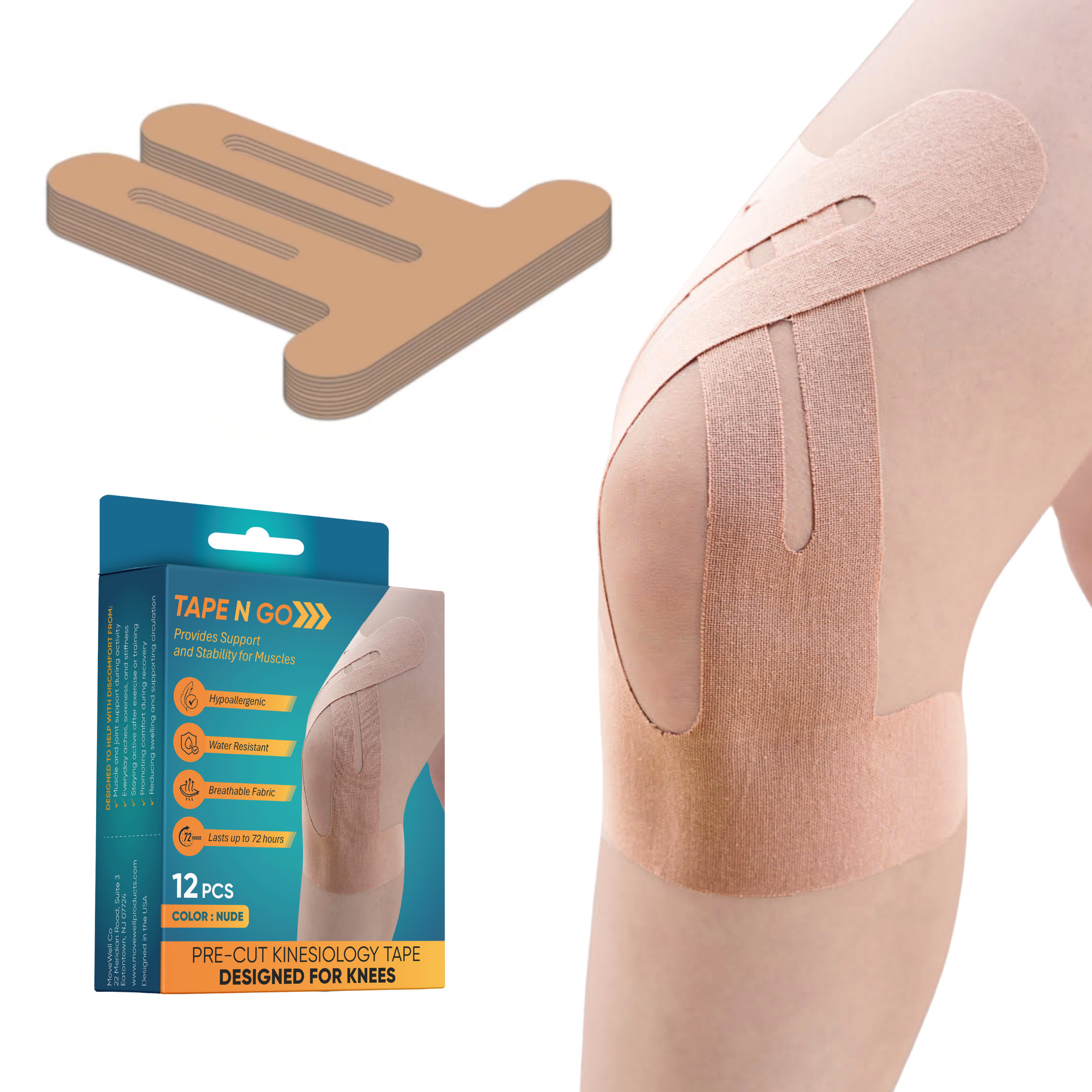 Tape N Go Precut Kinesiology Tape for Knee Support, 12 Pack