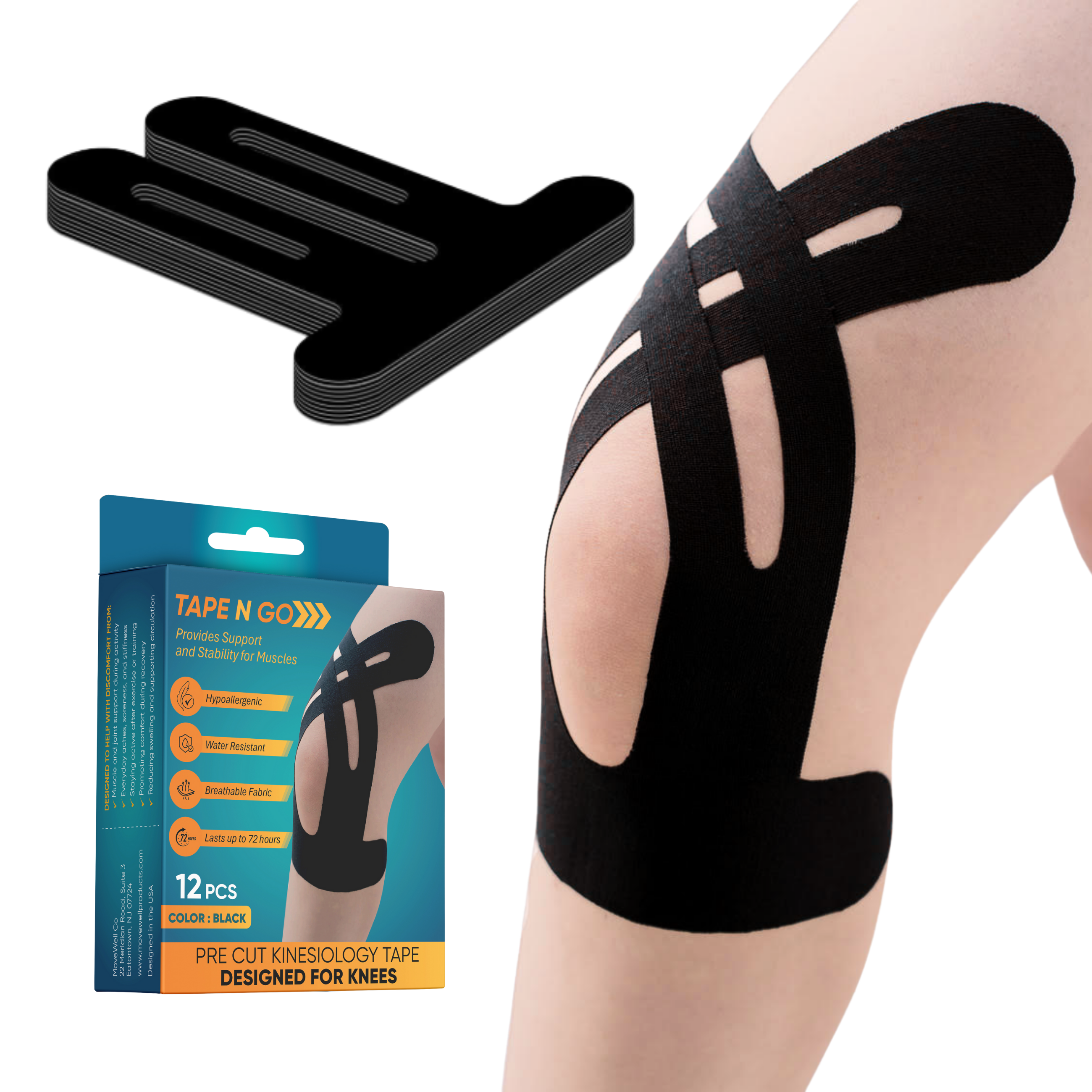 Tape N Go Precut Kinesiology Tape for Knee Support, 12 Pack