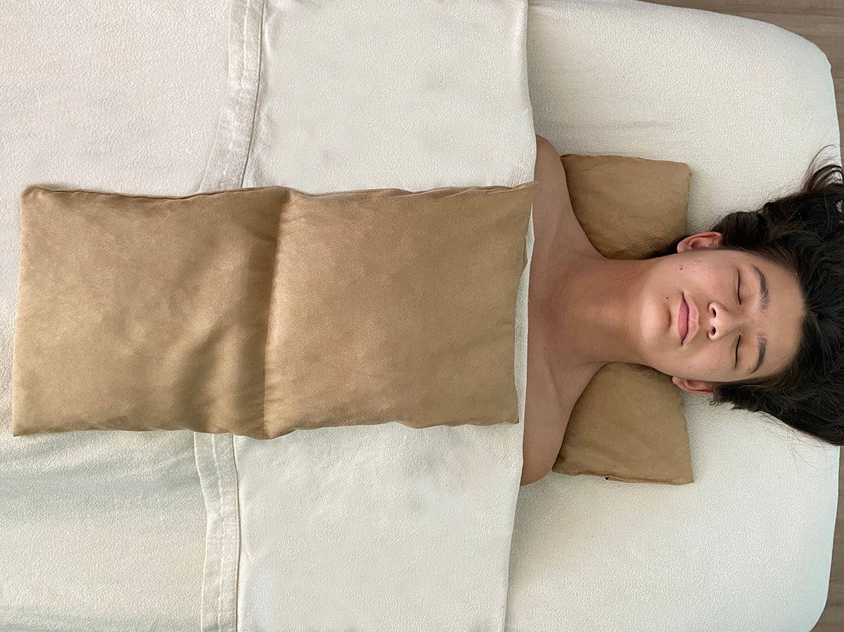 Hot Cherry Double Square Cherry Stone Pillow in Tan Ultra-Suede - Natural Hot and Cold Therapy Pack