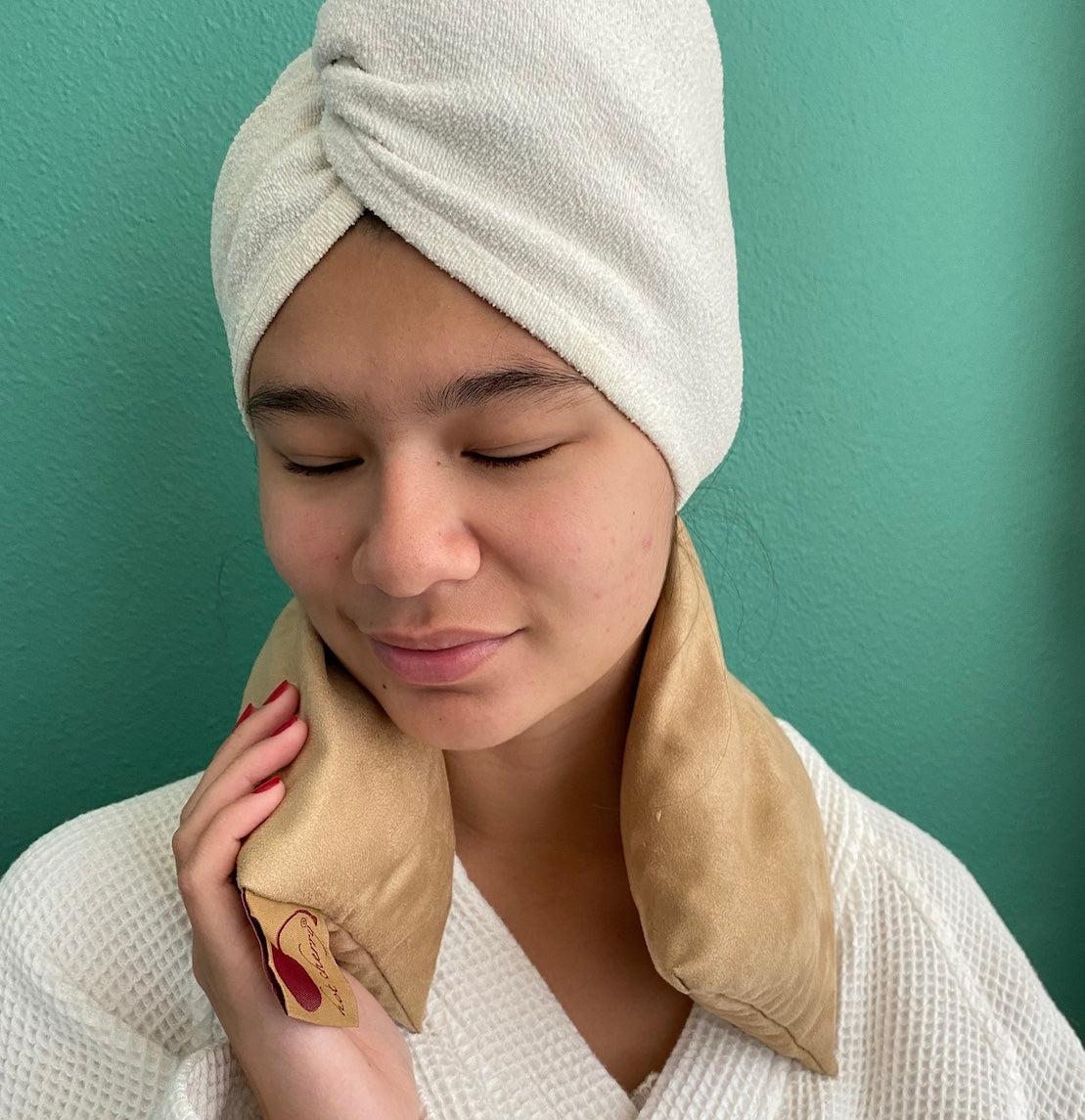 Hot Cherry Neck Wrap in Plush Tan Ultra-suede - Natural Hot and Cold Therapy Pack