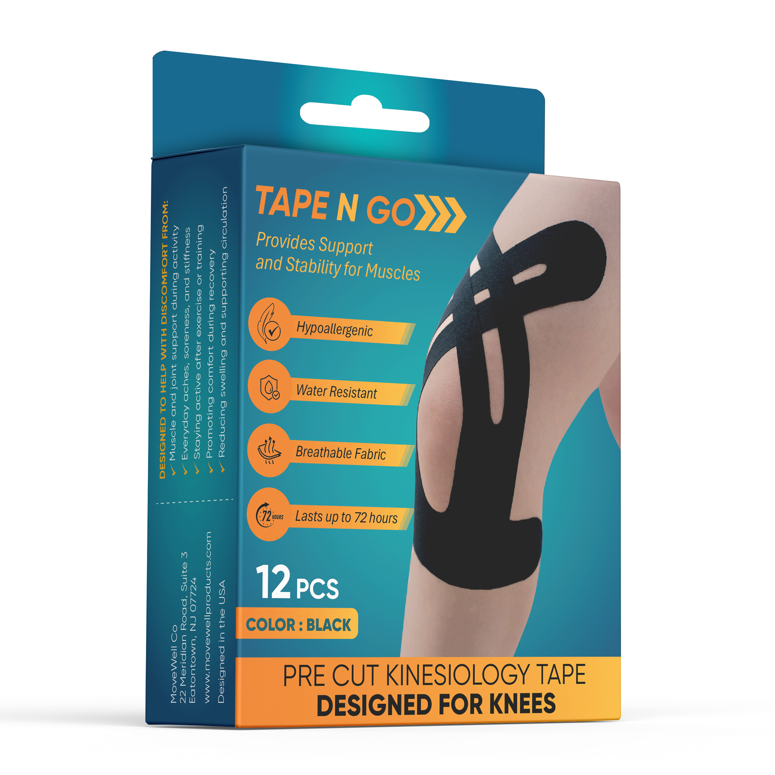 Tape N Go Precut Kinesiology Tape for Knee Support, 12 Pack