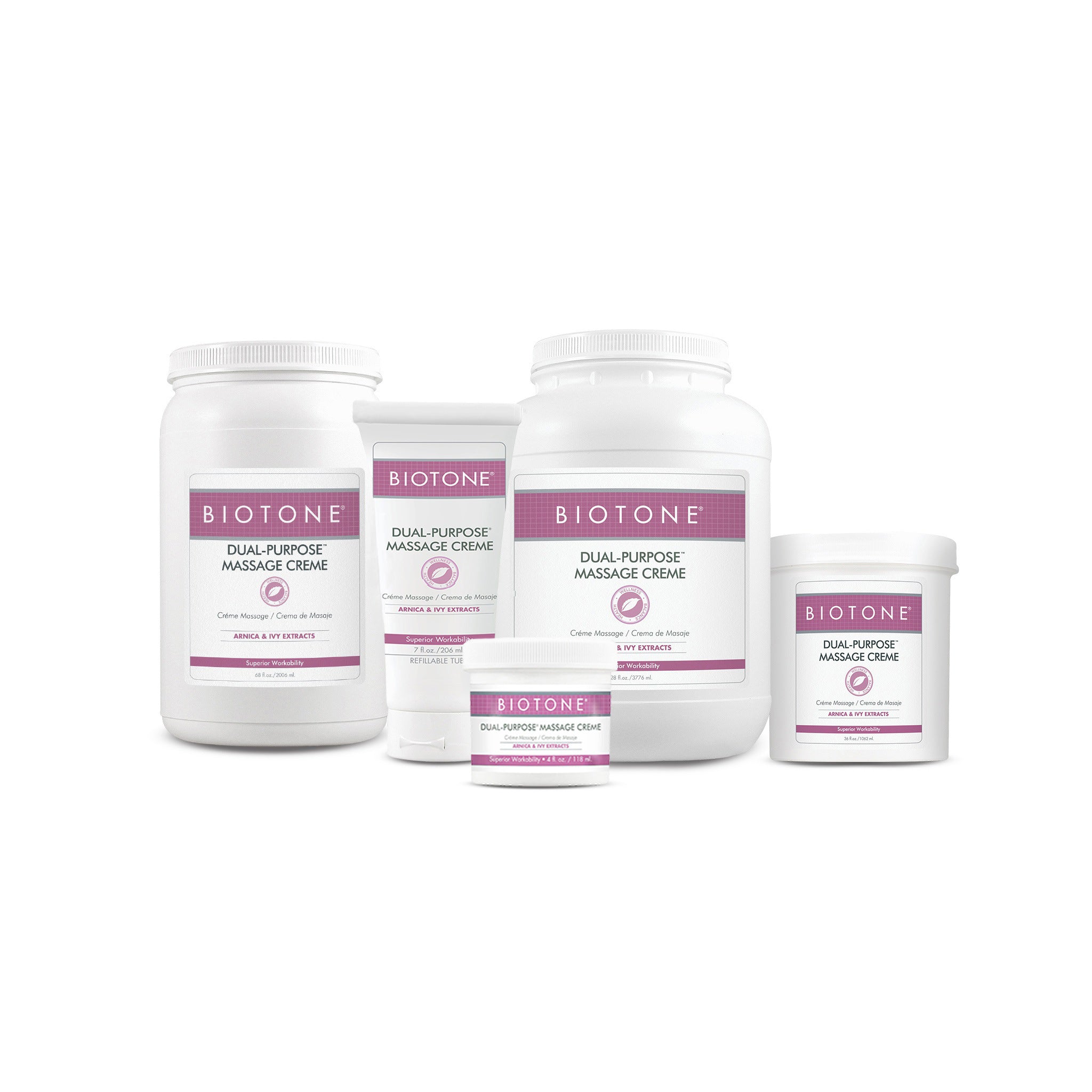 Biotone dual-purpose massage creme containers on a white background