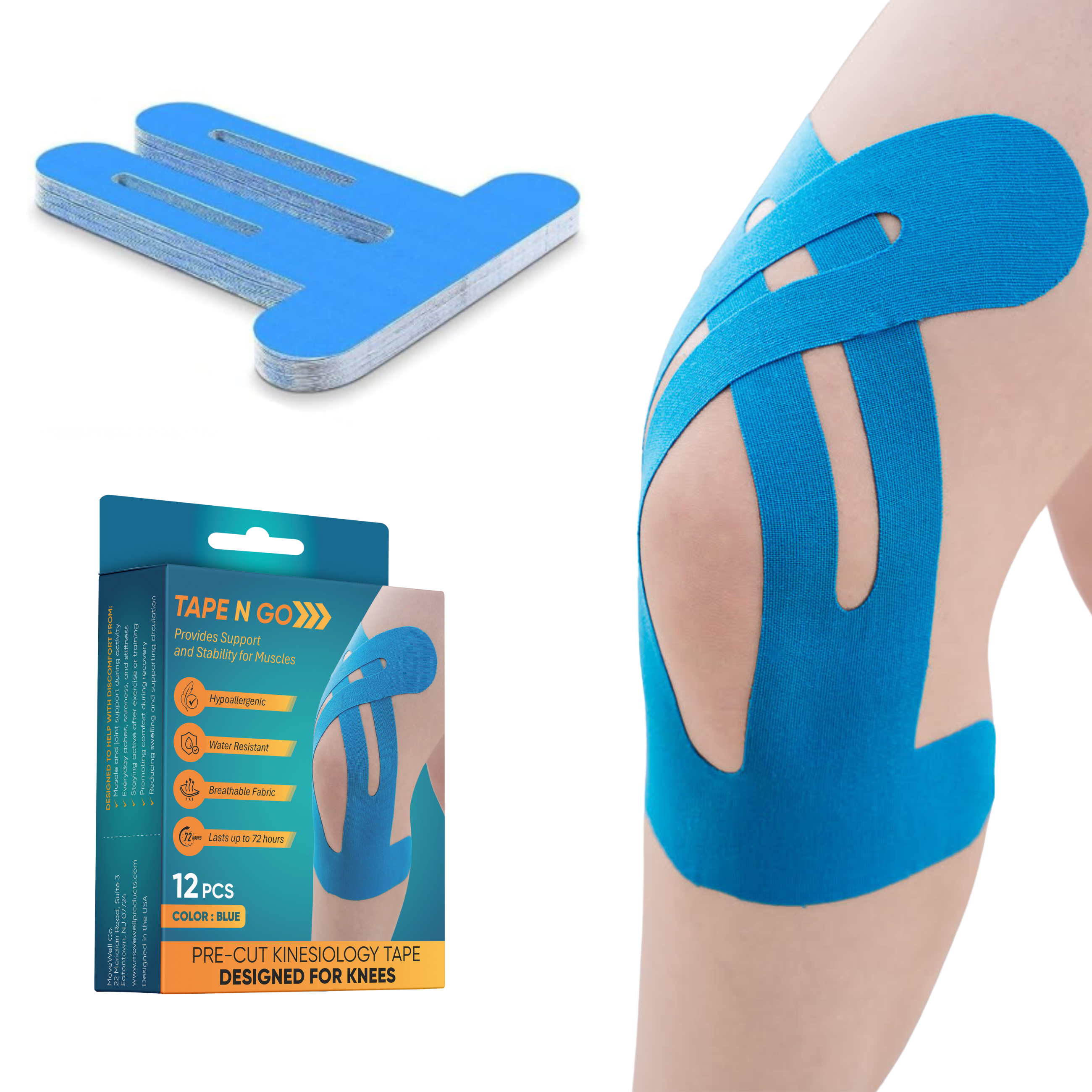 Tape N Go Precut Kinesiology Tape for Knee Support, 12 Pack