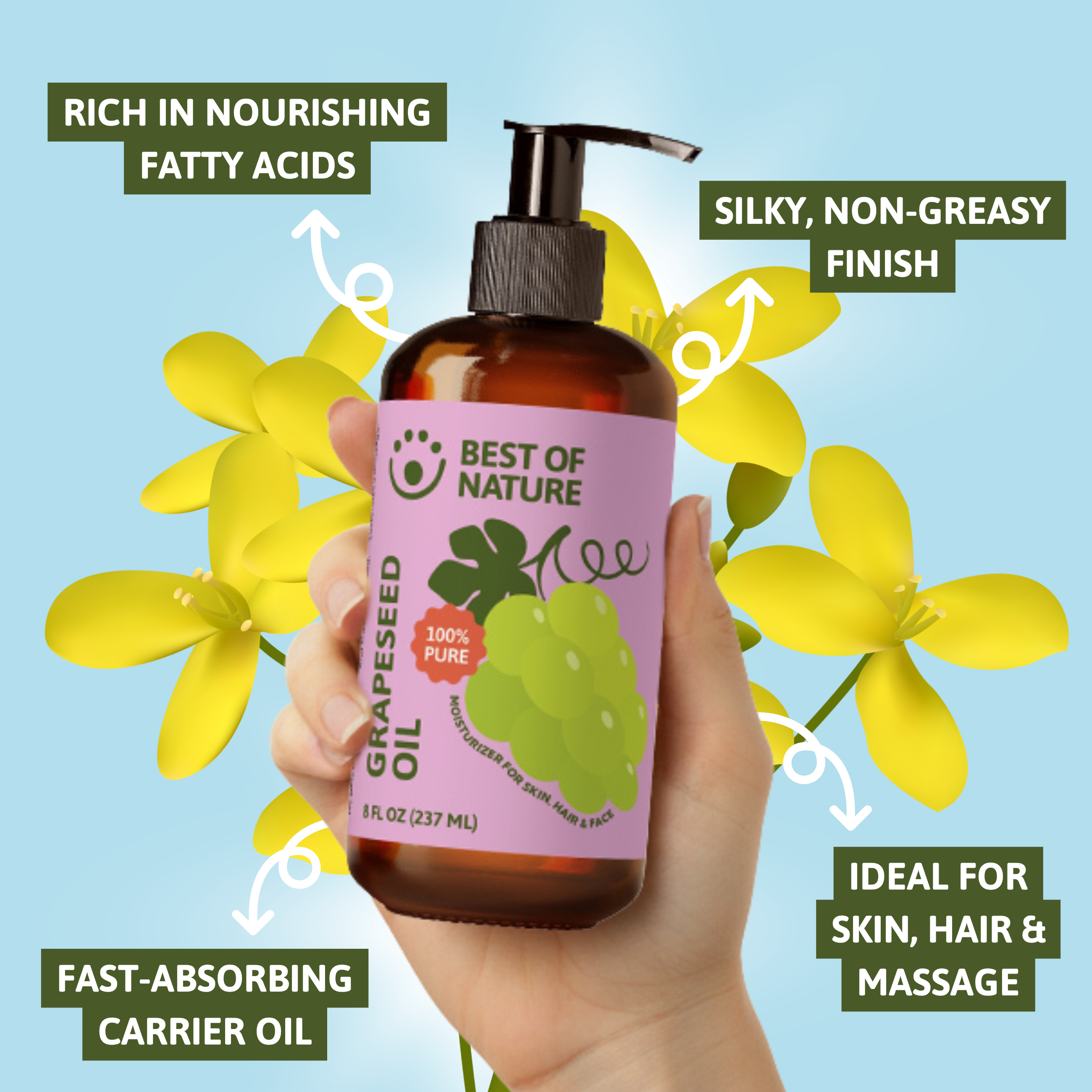 Best of Nature Grapeseed Massage & Body Oil - 100% Pure