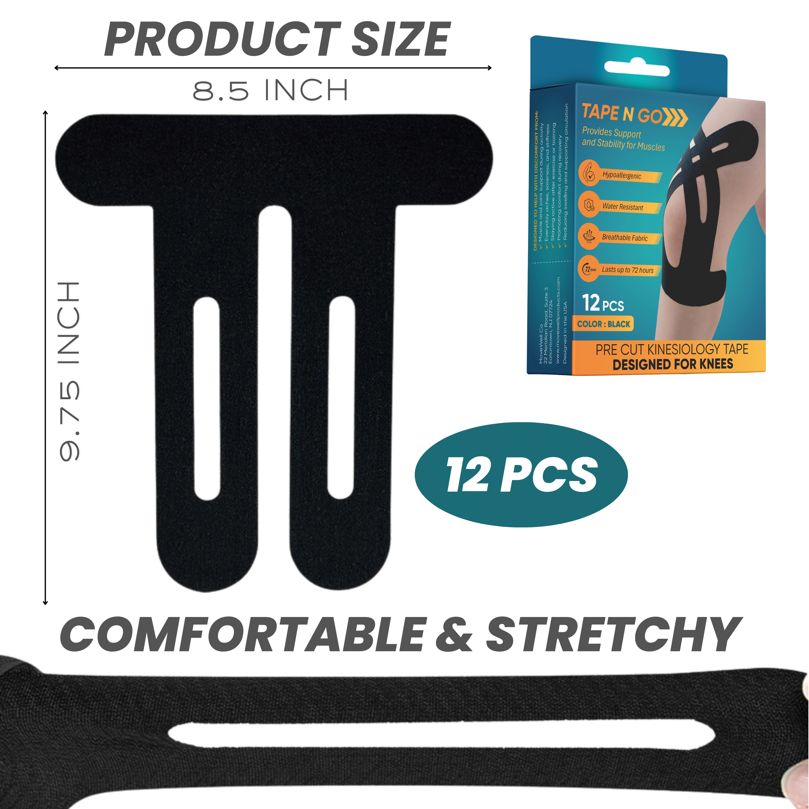 Tape N Go Precut Kinesiology Tape for Knee Support, 12 Pack