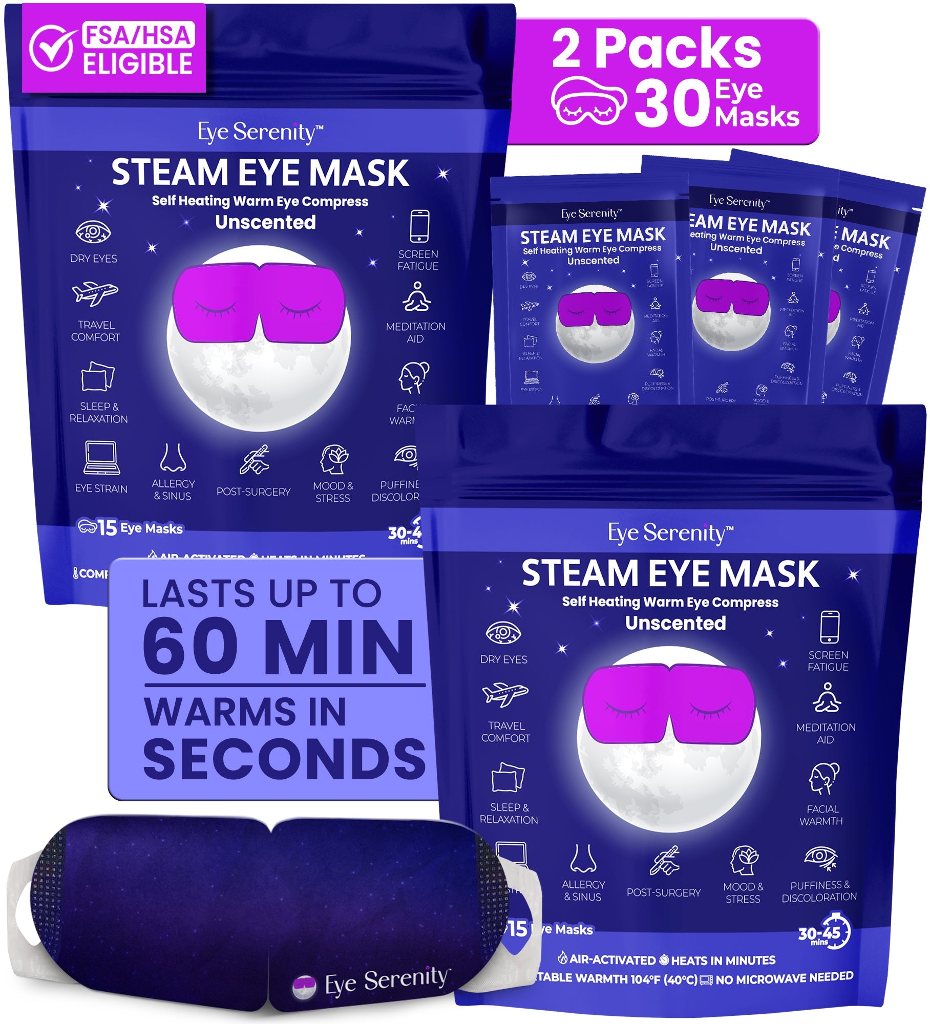 Eye Serenity Steam Eye Mask - Self-Heating Warm Eye Compress for Dry Eyes, Puffiness, Sleep & Travel
