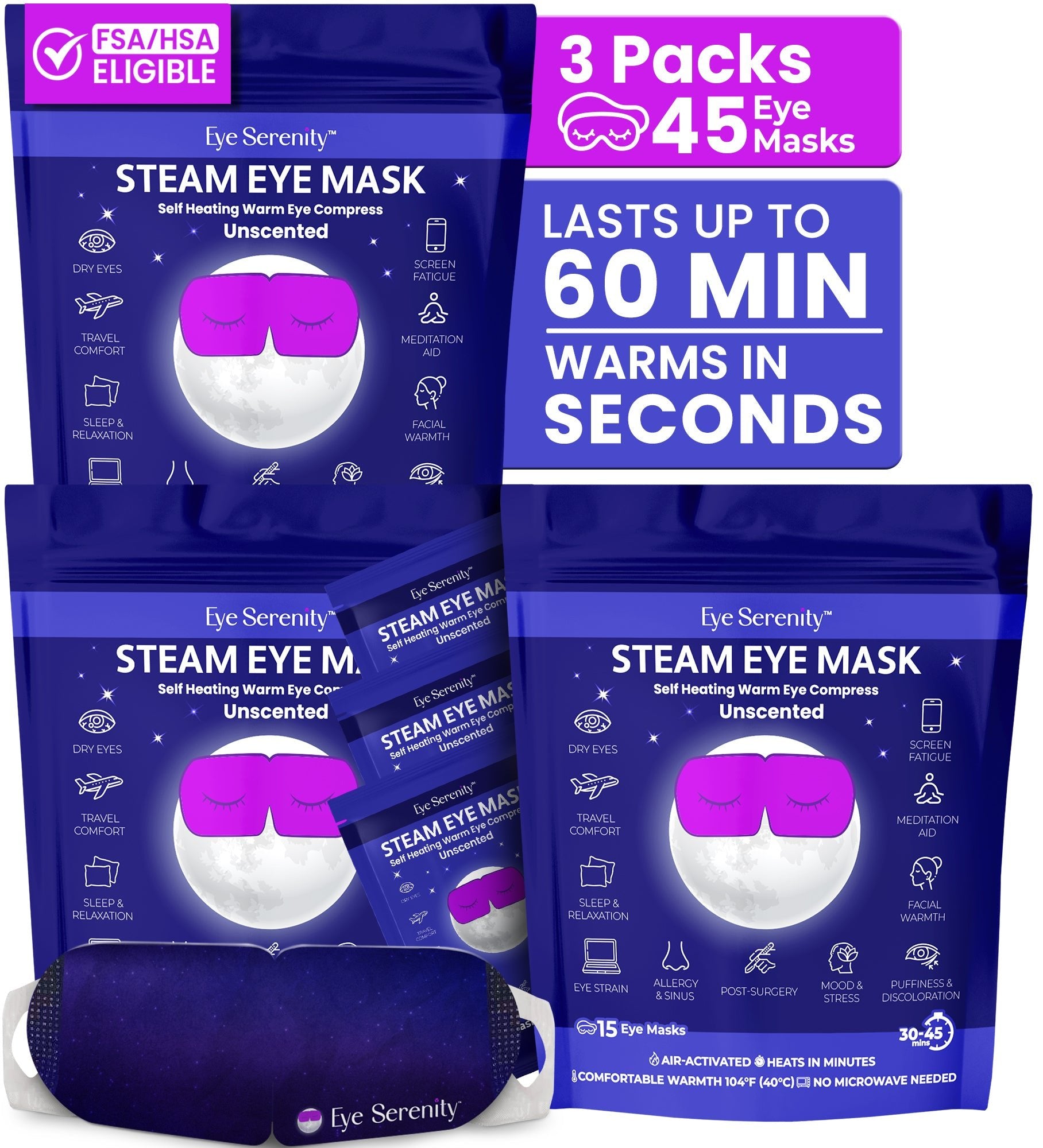 Eye Serenity Steam Eye Mask - Self-Heating Warm Eye Compress for Dry Eyes, Puffiness, Sleep & Travel