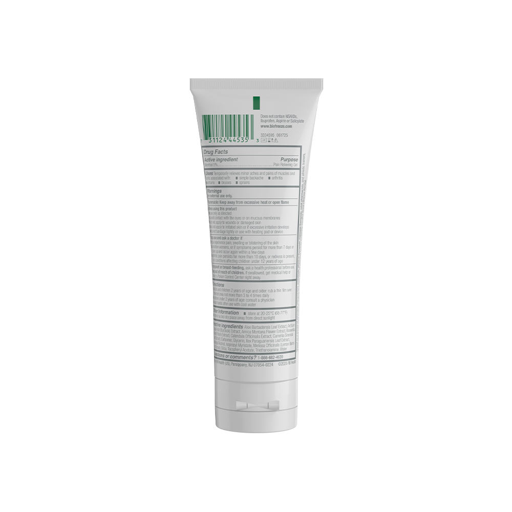 Rear label for a white 3 oz tube of Biofreeze Pro colorless menthol pain relieving gel standing on a clean white background.