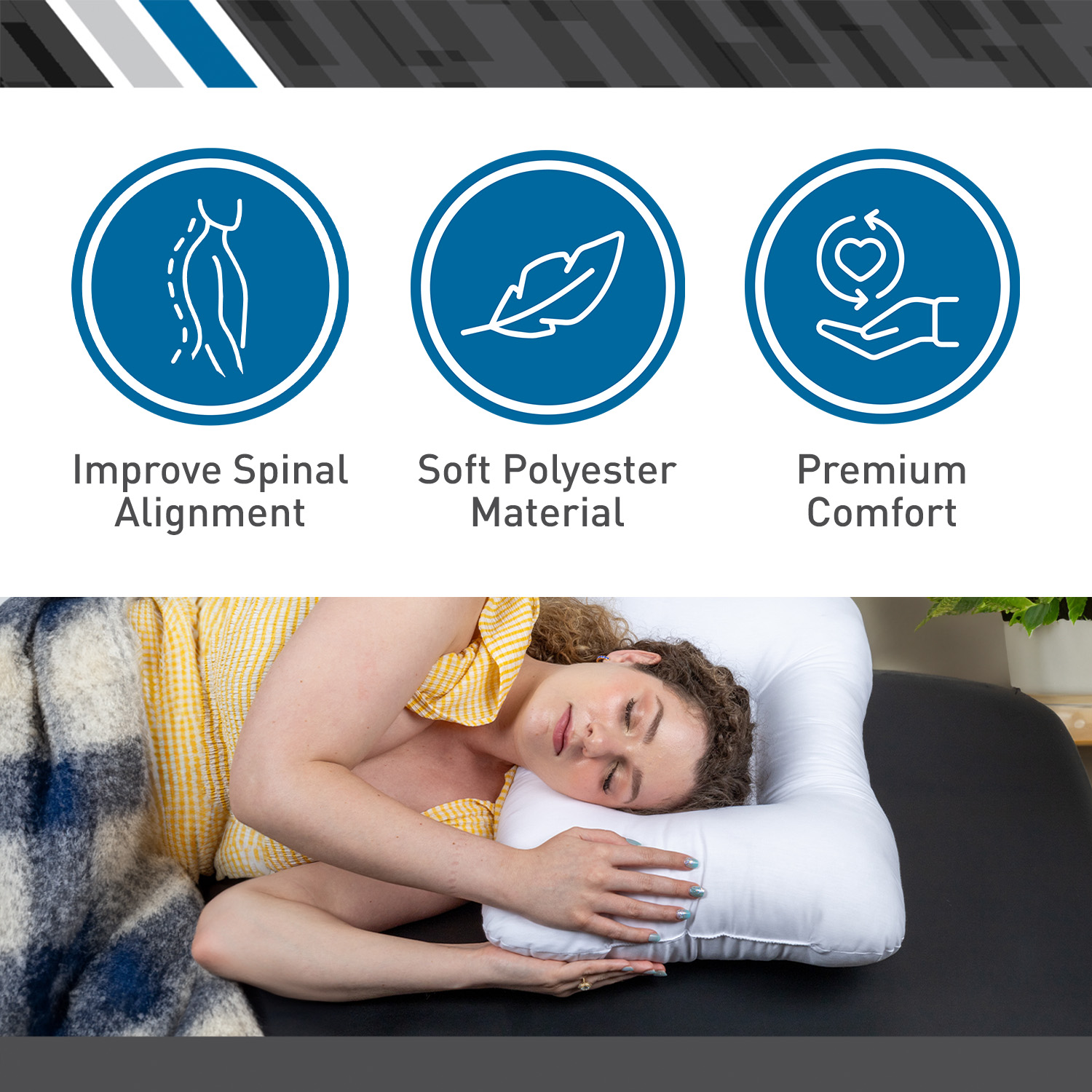 Person lying on a pillow with icons and text highlighting features like spinal alignment, soft polyester material, and premium comfort.