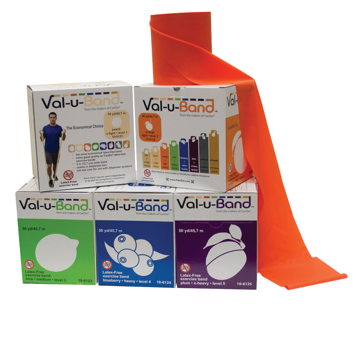 Val U Band Latex Free Exercise Bands - 5 Foot Strips, 50 & 100 Yard Rolls - CanDo