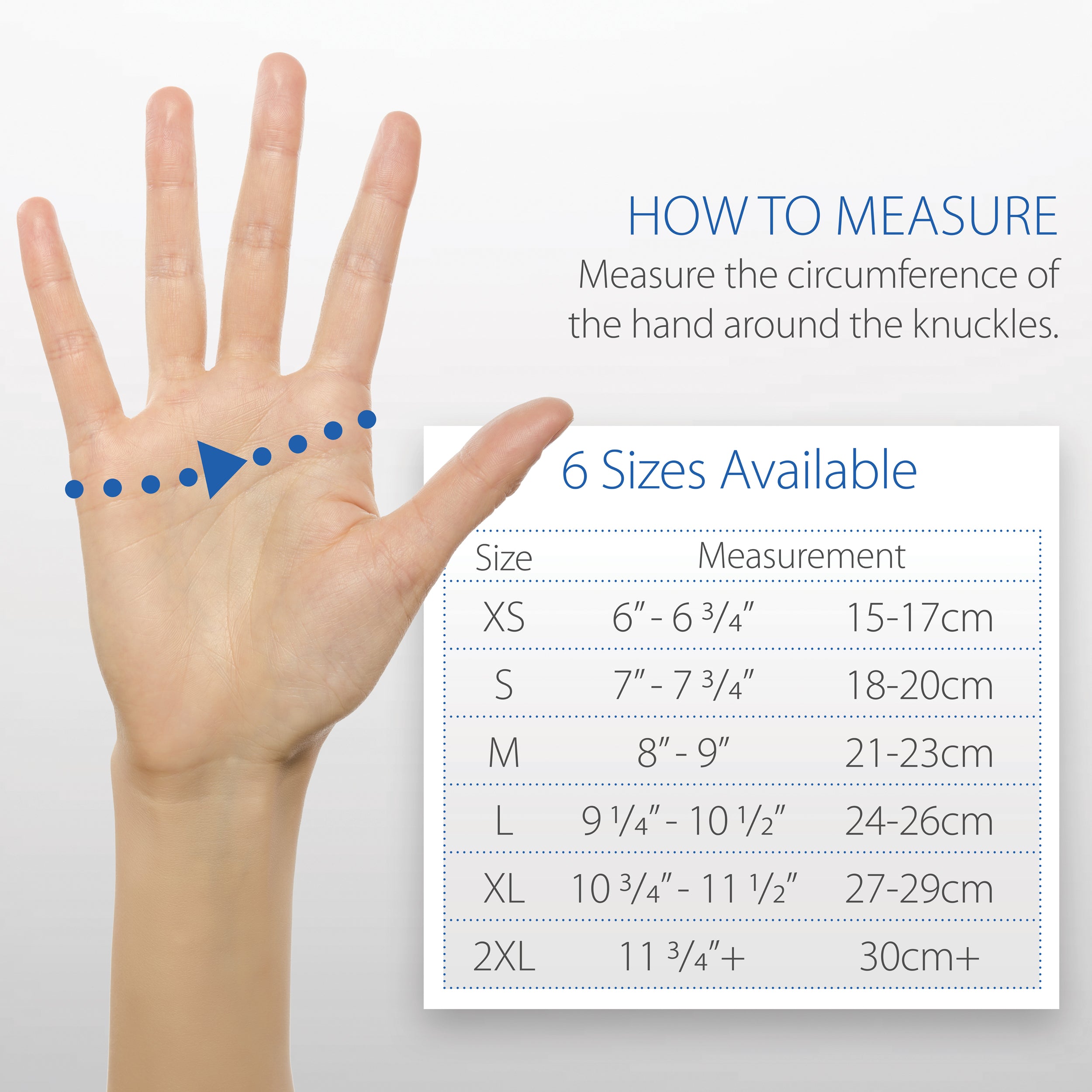 Hand measurement guide with size chart on a white background