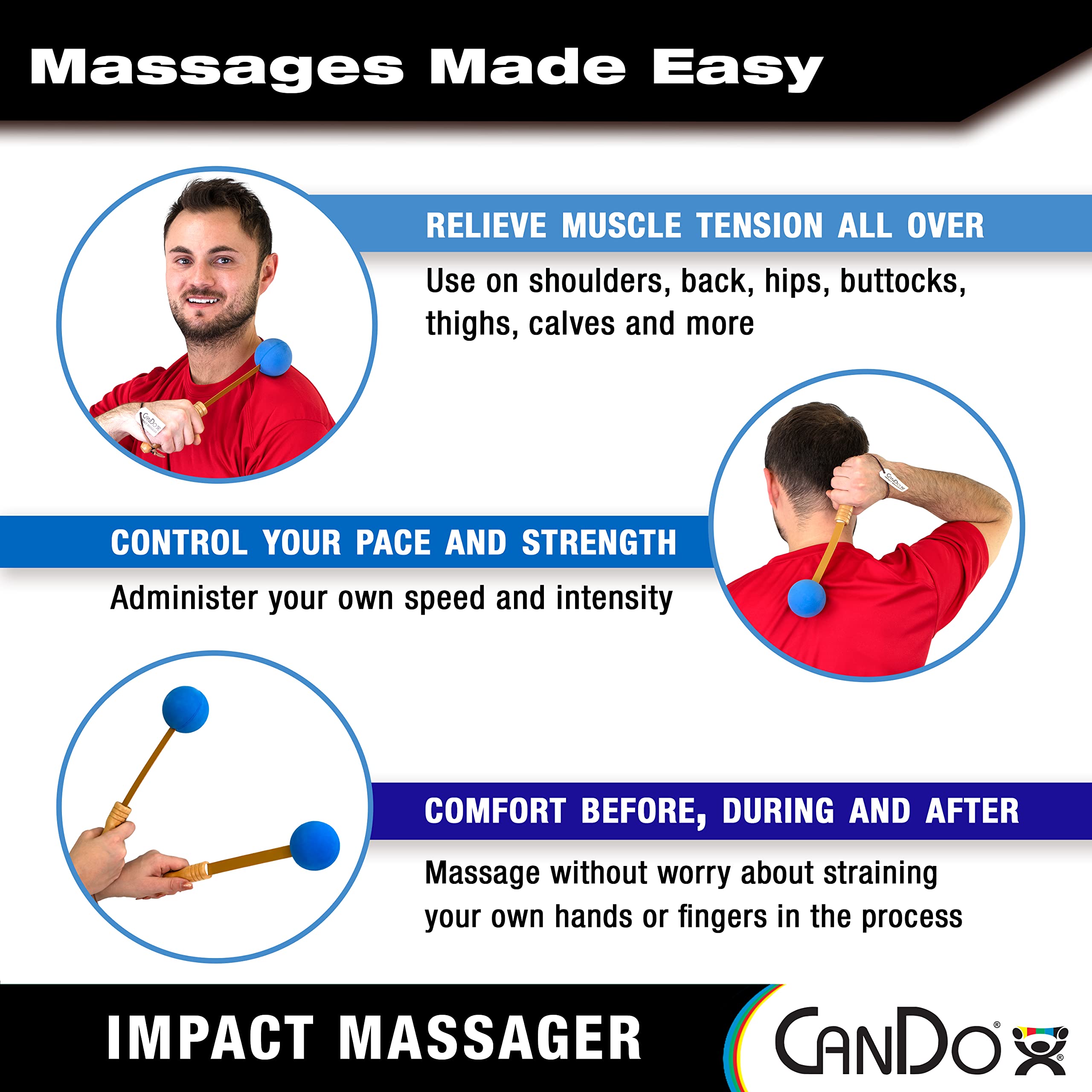 CanDo Percussion Massagers 2 Pack Manual Ball Massage, Flexible Stick Massage Tools for Sore Muscles, Back, Shoulders, Neck, Legs, and Total Body with Comfort Grip Wood Handles, Blue