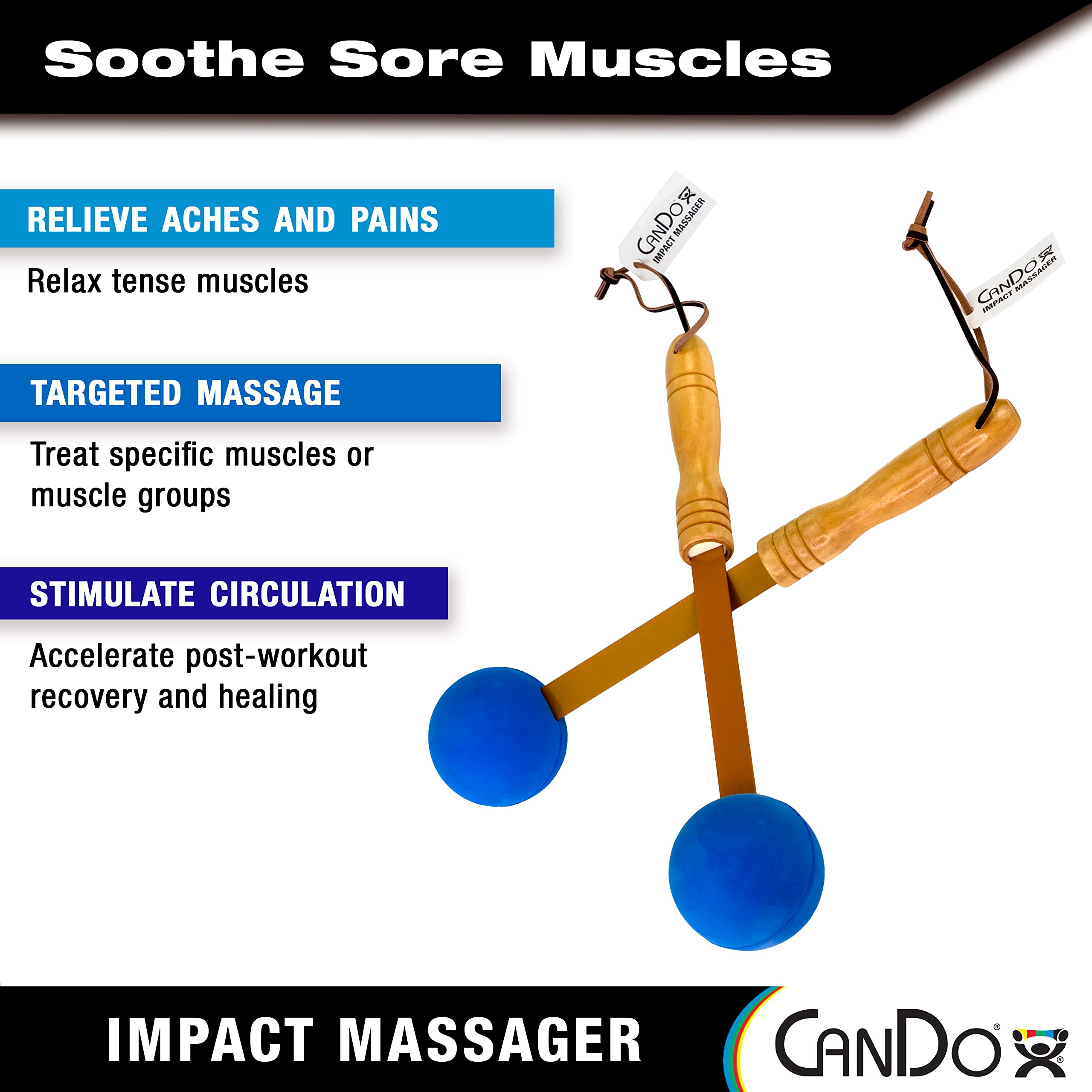 CanDo Percussion Massagers 2 Pack Manual Ball Massage, Flexible Stick Massage Tools for Sore Muscles, Back, Shoulders, Neck, Legs, and Total Body with Comfort Grip Wood Handles, Blue